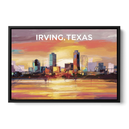 Irving Cityscape Sunset - Black Framed Canvas Wall Art - Front