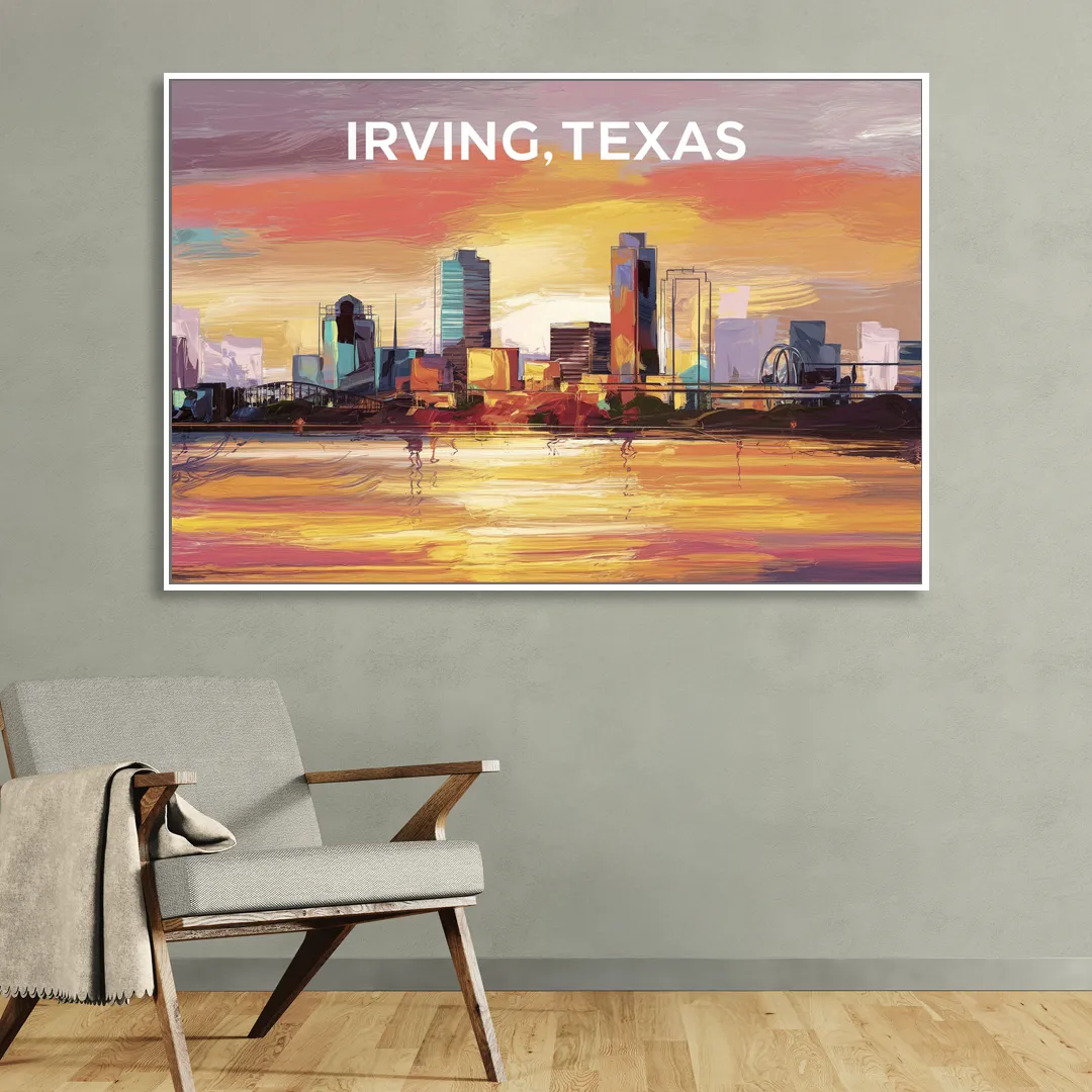 Irving Cityscape Sunset Sitting Room - White Canvas Wall Art
