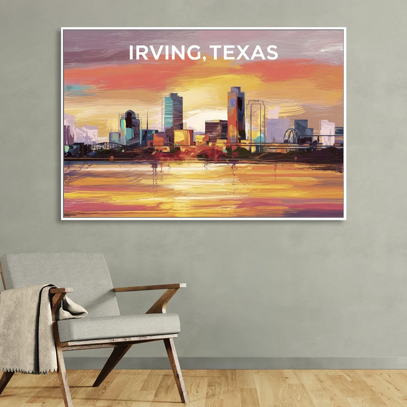 Irving Cityscape Sunset Sitting Room - White Canvas Wall Art