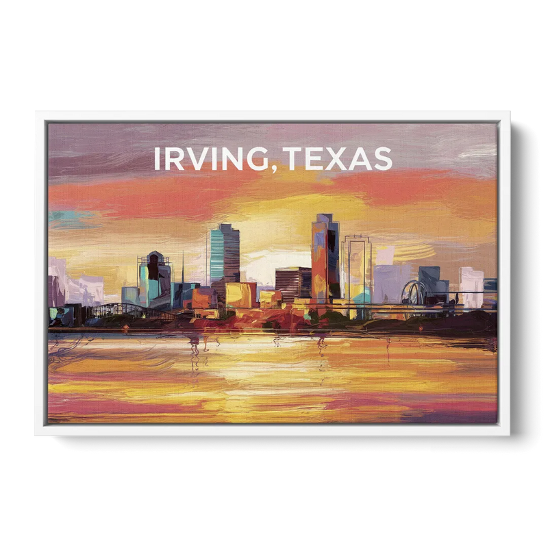 Irving Cityscape Sunset Front - White Canvas Wall Art