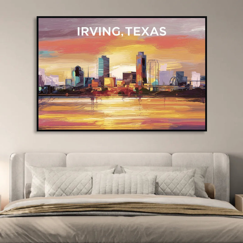 Irving Cityscape Sunset Sitting Room - Black Canvas Wall Art