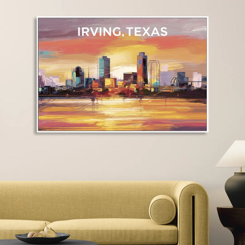 Irving Cityscape Sunset Living Room - White Canvas Wall Art
