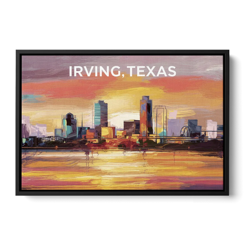 Irving Cityscape Sunset Front - Black Canvas Wall Art