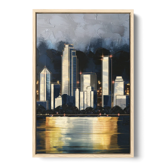 Irving Downtown Skyline - Oak Framed Canvas Wall Art - Front