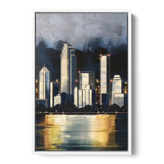 Irving Downtown Skyline - White Framed Canvas Wall Art - Front