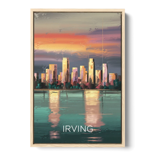 Irving Skyline Reflection - Oak Framed Canvas Wall Art - Front
