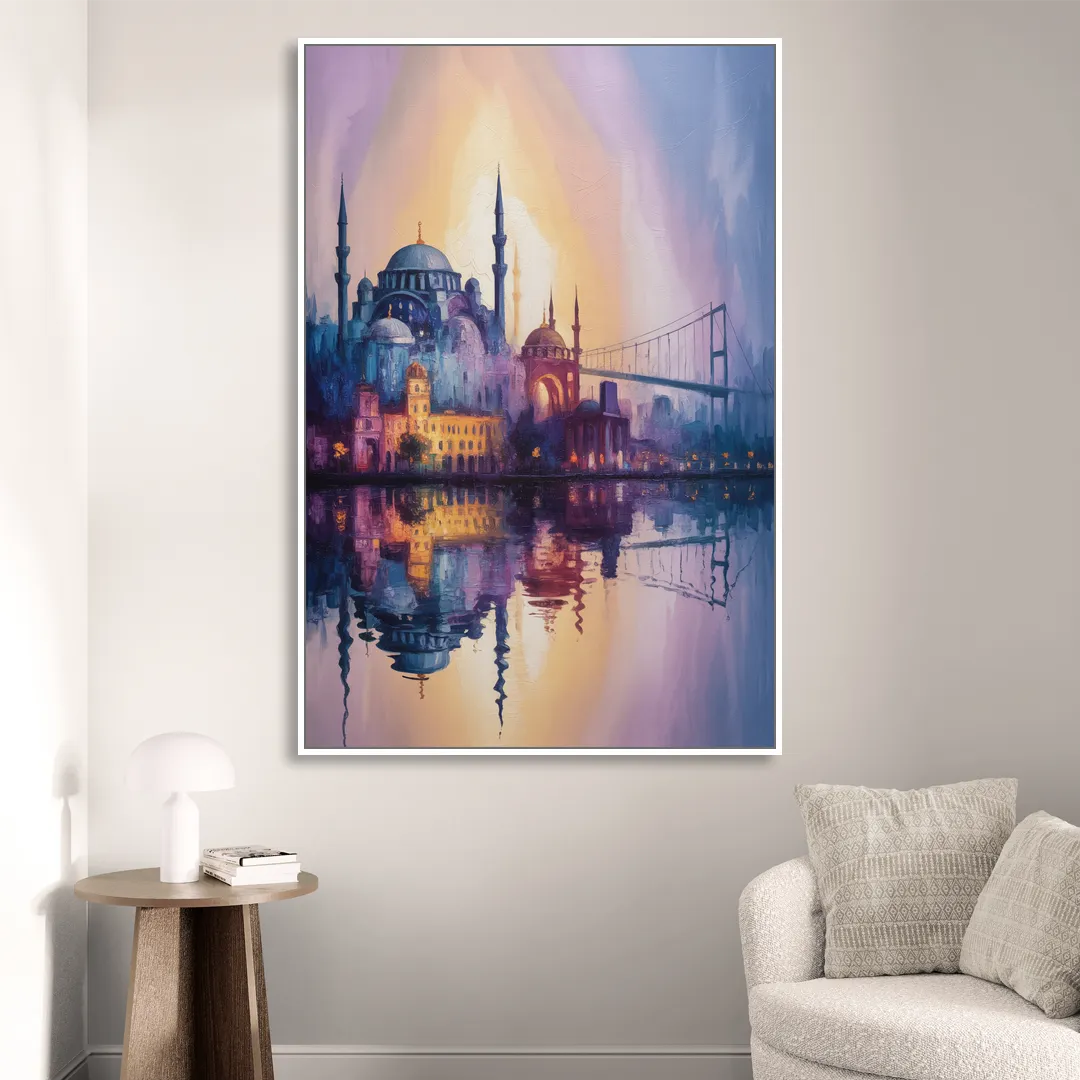 Istanbul Skyline Glow Sitting Room - White Canvas Wall Art