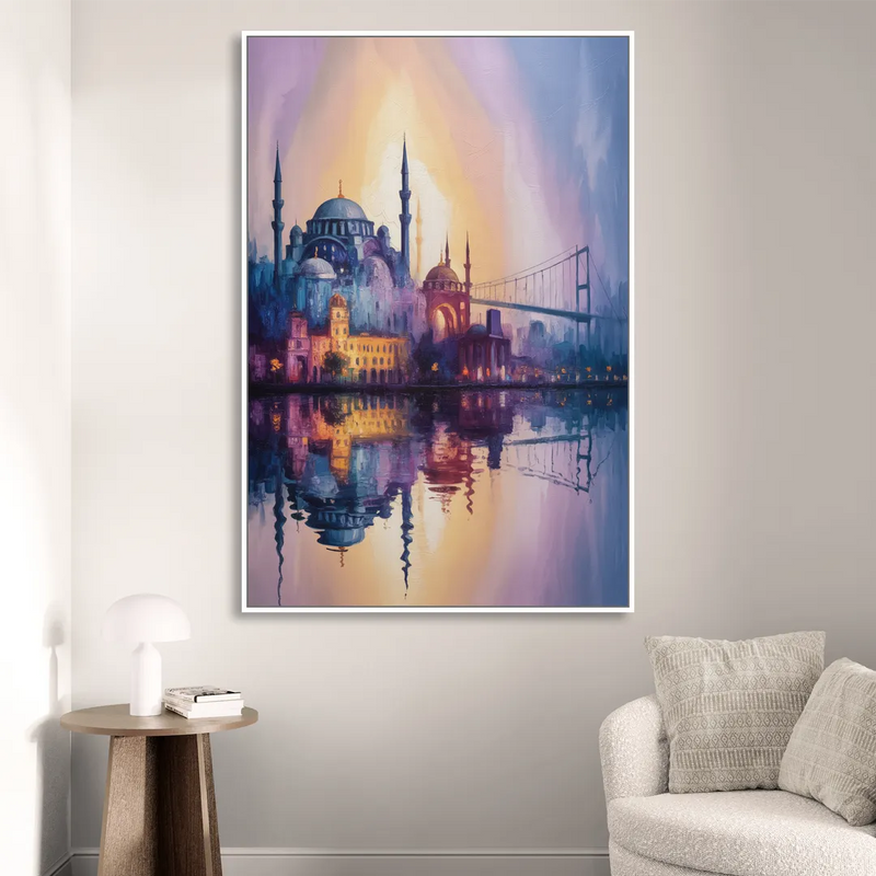Istanbul Skyline Glow Sitting Room - White Canvas Wall Art