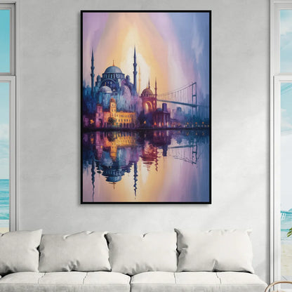 Istanbul Skyline Glow Living Room - Black Canvas Wall Art