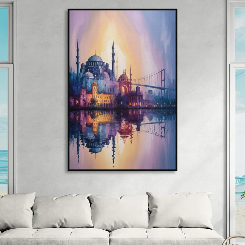 Istanbul Skyline Glow Living Room - Black Canvas Wall Art