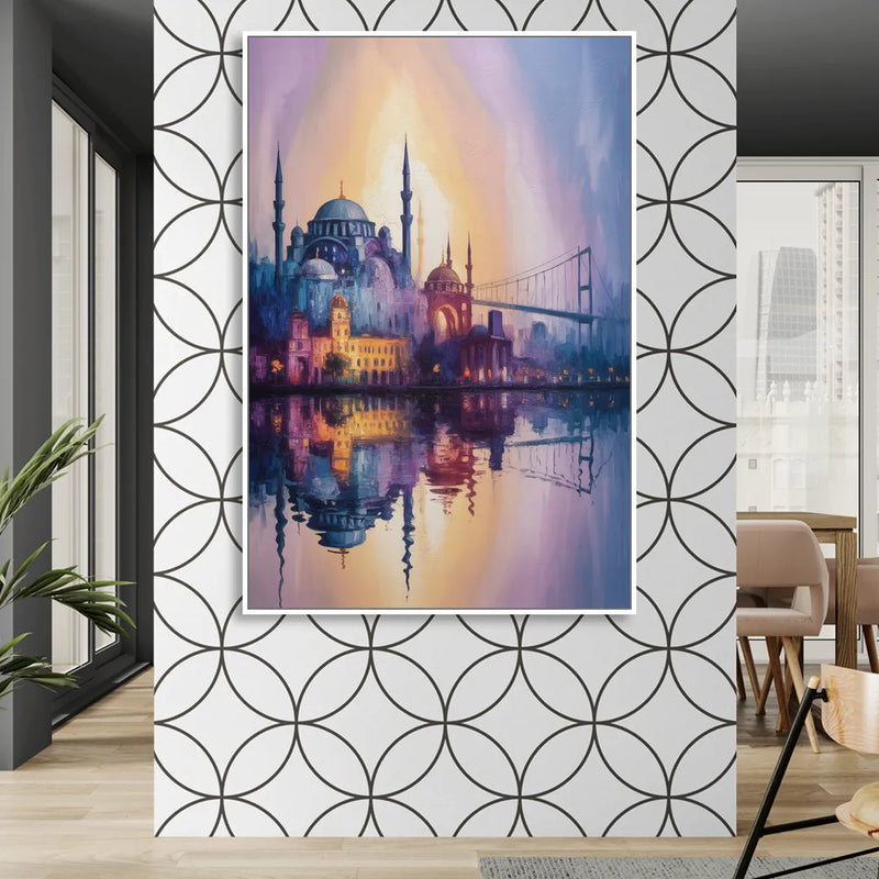 Istanbul Skyline Glow Living Room - White Canvas Wall Art