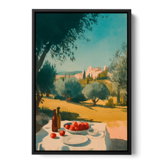 Italian Countryside Painting with a Picnic Table - Black Framed Canvas Wall Art - Front