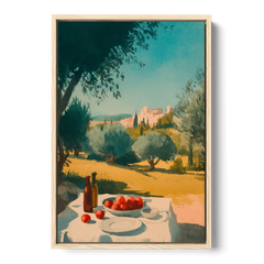 Italian Countryside Painting with a Picnic Table - Oak Framed Canvas Wall Art - Front