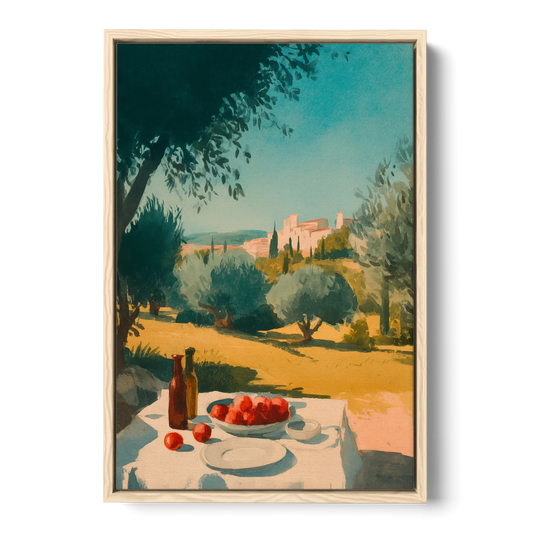 Italian Countryside Painting with a Picnic Table - Oak Framed Canvas Wall Art - Front