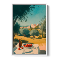 Italian Countryside Painting with a Picnic Table - White Framed Canvas Wall Art - Front