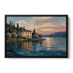 Italian Lakeside Villa at Dusk - Black Framed Canvas Wall Art - Front