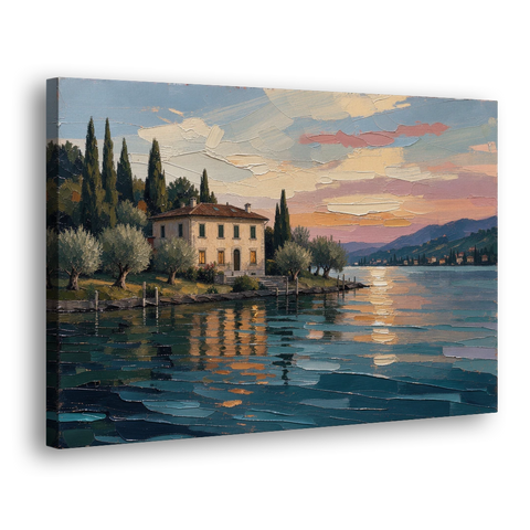 Italian Lakeside Villa at Dusk - Canvas Wall Art - Side