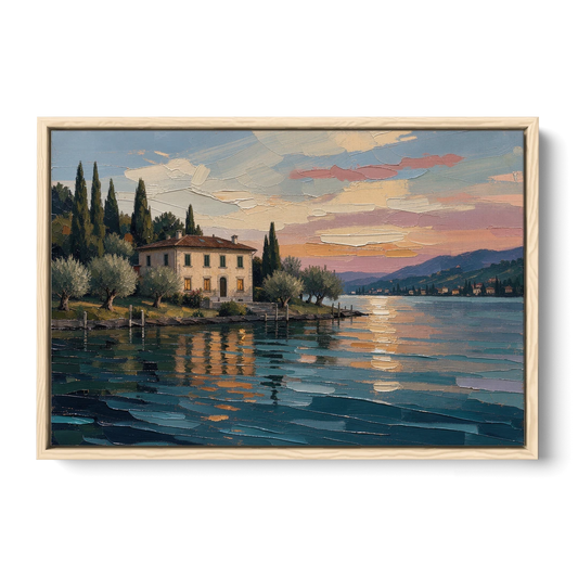 Italian Lakeside Villa at Dusk - Oak Framed Canvas Wall Art - Front