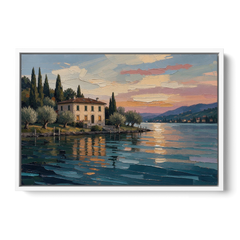 Italian Lakeside Villa at Dusk - White Framed Canvas Wall Art - Front