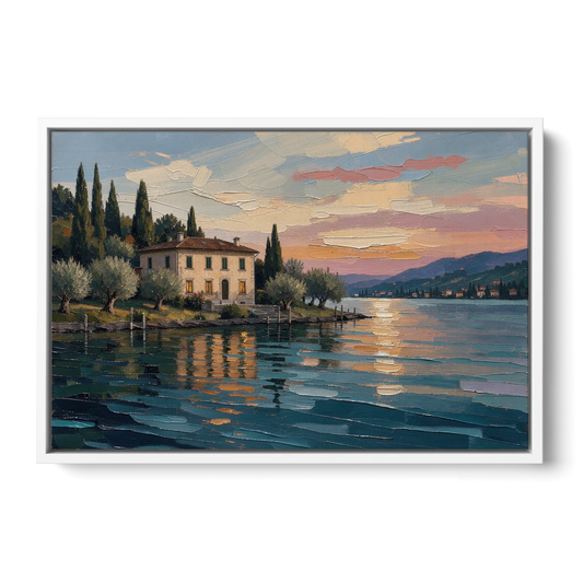 Italian Lakeside Villa at Dusk - White Framed Canvas Wall Art - Front