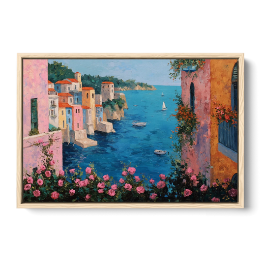 Italian Painting of a Village in Roses - Oak Framed Canvas Wall Art - Front