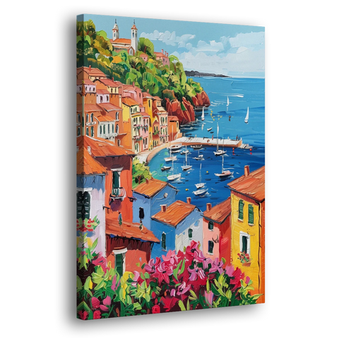 Italian Riviera Art with a Sailboat Harbor - Canvas Wall Art - Side