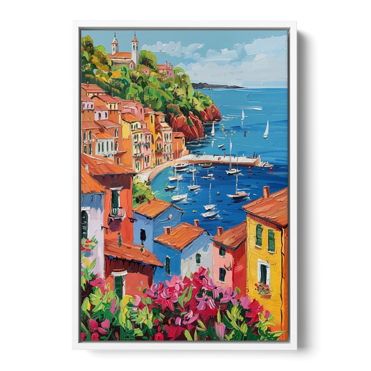 Italian Riviera Art with a Sailboat Harbor - White Framed Canvas Wall Art - Front