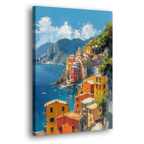 Italian Riviera Painting of a Harbor Village - Canvas Wall Art - Side