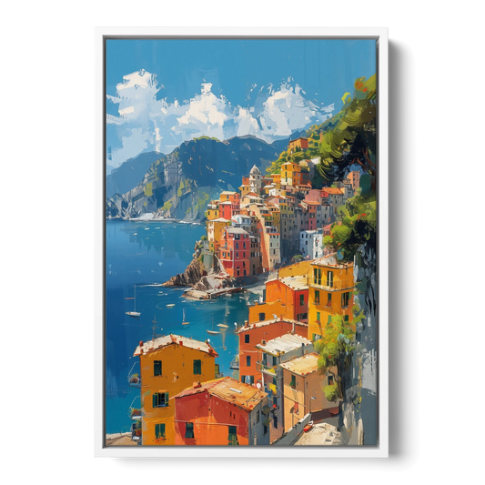 Italian Riviera Painting of a Harbor Village - White Framed Canvas Wall Art - Front
