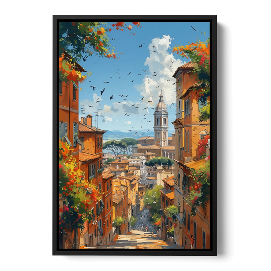 Italian Street Painting of Old Rome - Black Framed Canvas Wall Art - Front