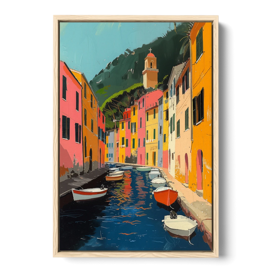 Italy Painting of a Canal with Boats - Oak Framed Canvas Wall Art - Front