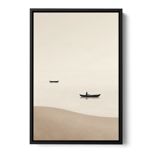 Ivory Wall Art with Two Boats Adrift - Black Framed Canvas Wall Art - Front
