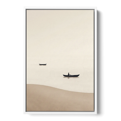 Ivory Wall Art with Two Boats Adrift - White Framed Canvas Wall Art - Front