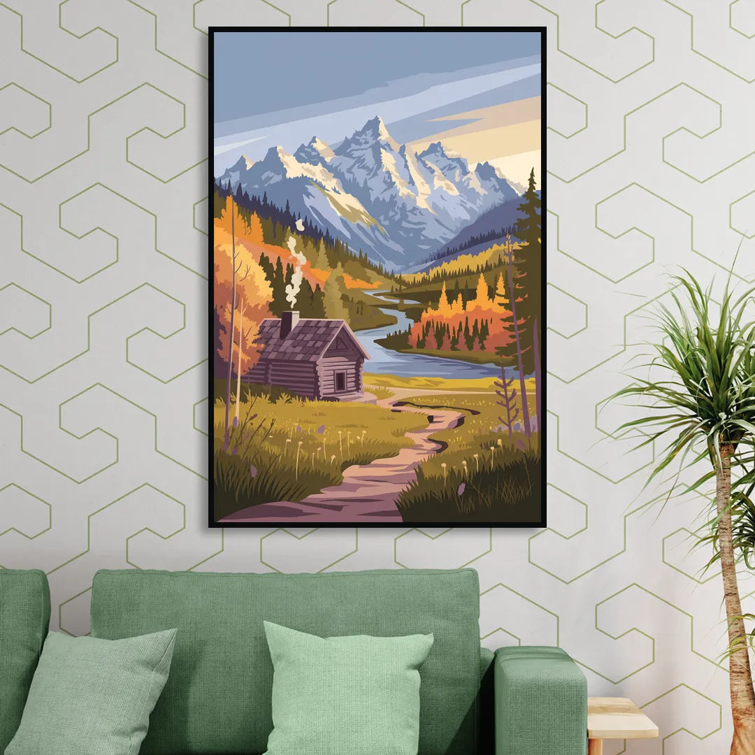 Jackson Hole Mountain Views Living Room - Black Canvas Wall Art