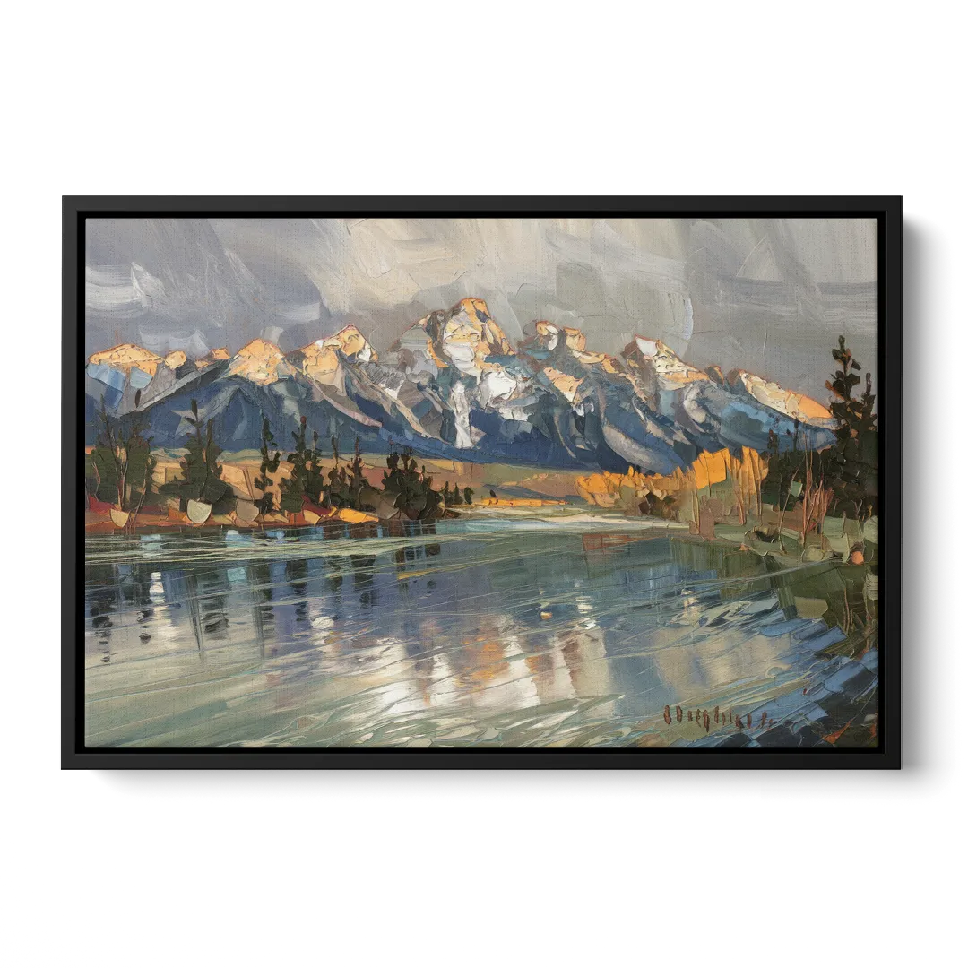 Jackson Hole River Reflection Front - Black Canvas Wall Art