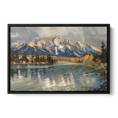 Jackson Hole River Reflection Front - Black Canvas Wall Art