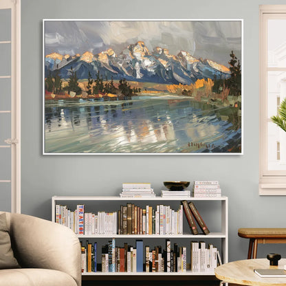 Jackson Hole River Reflection Living Room - White Canvas Wall Art