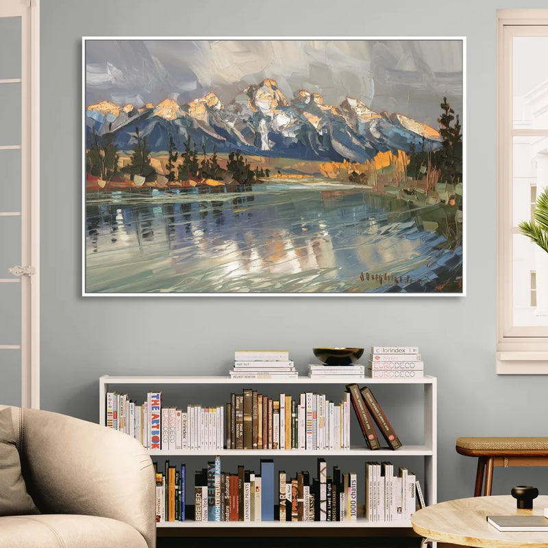 Jackson Hole River Reflection Living Room - White Canvas Wall Art