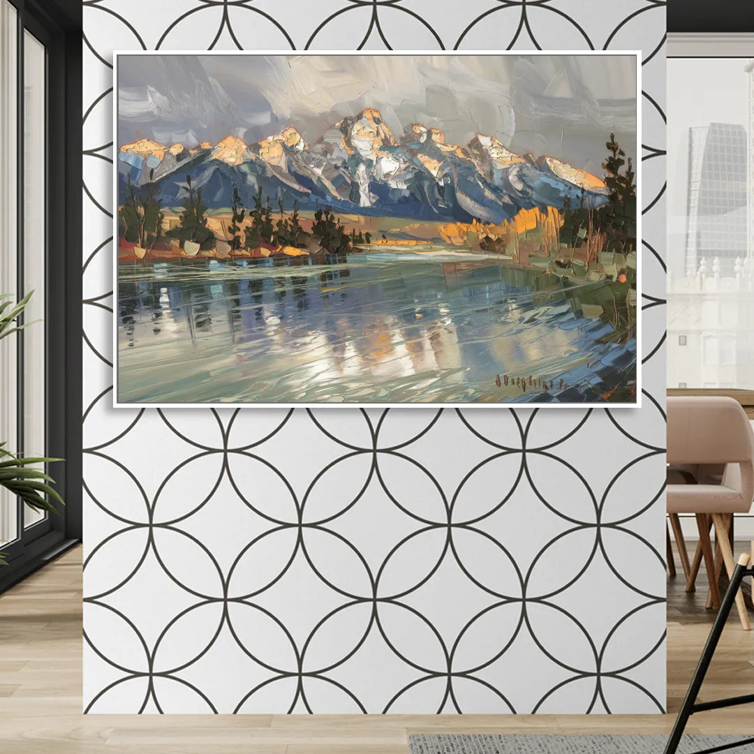 Jackson Hole River Reflection Sitting Room - White Canvas Wall Art