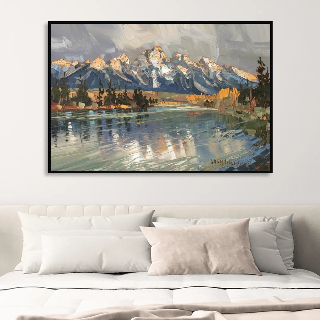 Jackson Hole River Reflection Living Room - Black Canvas Wall Art