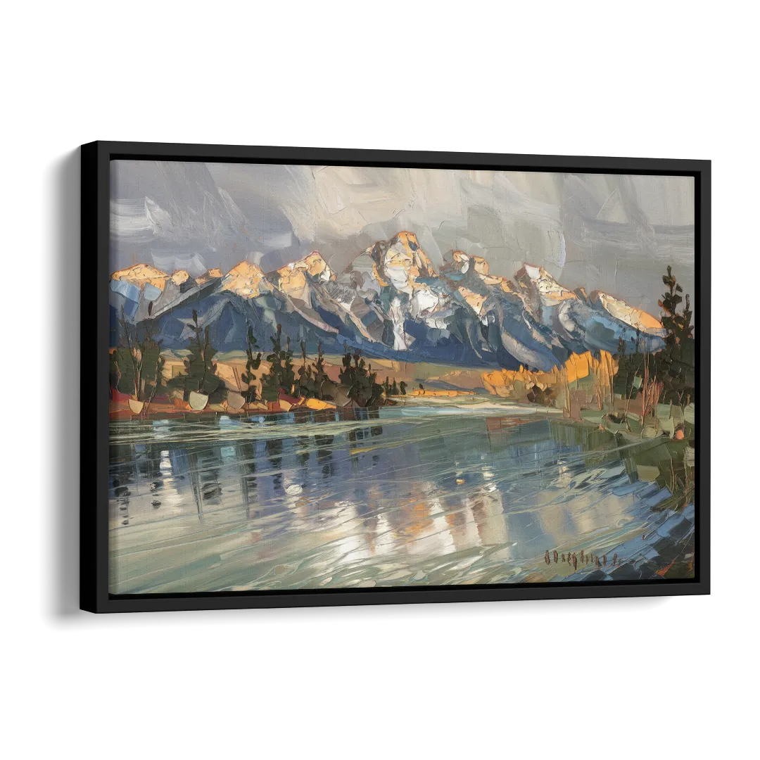Jackson Hole River Reflection Side - Black Canvas Wall Art
