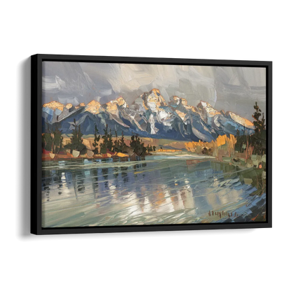 Jackson Hole River Reflection Side - Black Canvas Wall Art