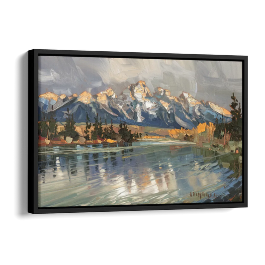 Jackson Hole River Reflection Side - Black Canvas Wall Art
