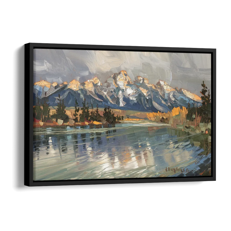 Jackson Hole River Reflection Side - Black Canvas Wall Art