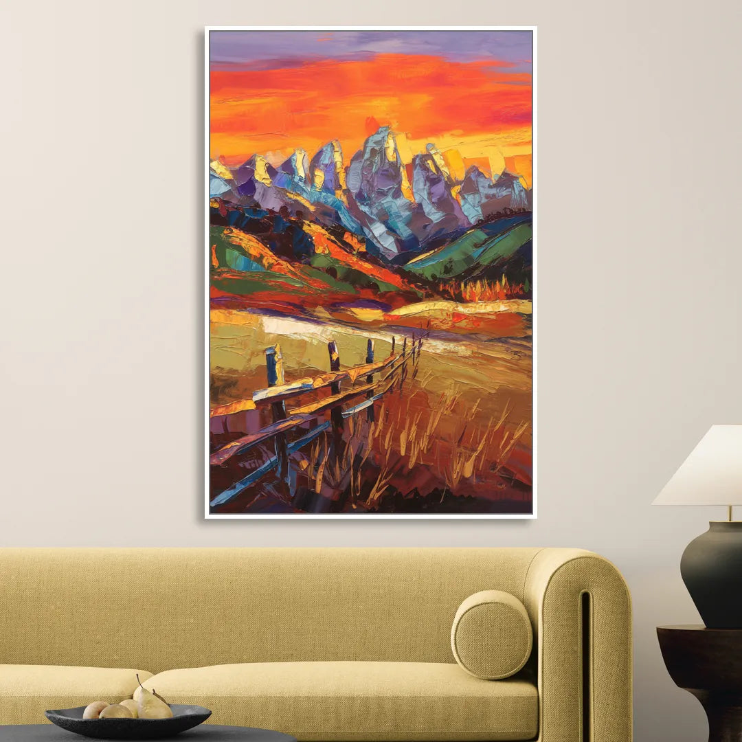 Jackson Hole Sunset Glow Sitting Room - White Canvas Wall Art