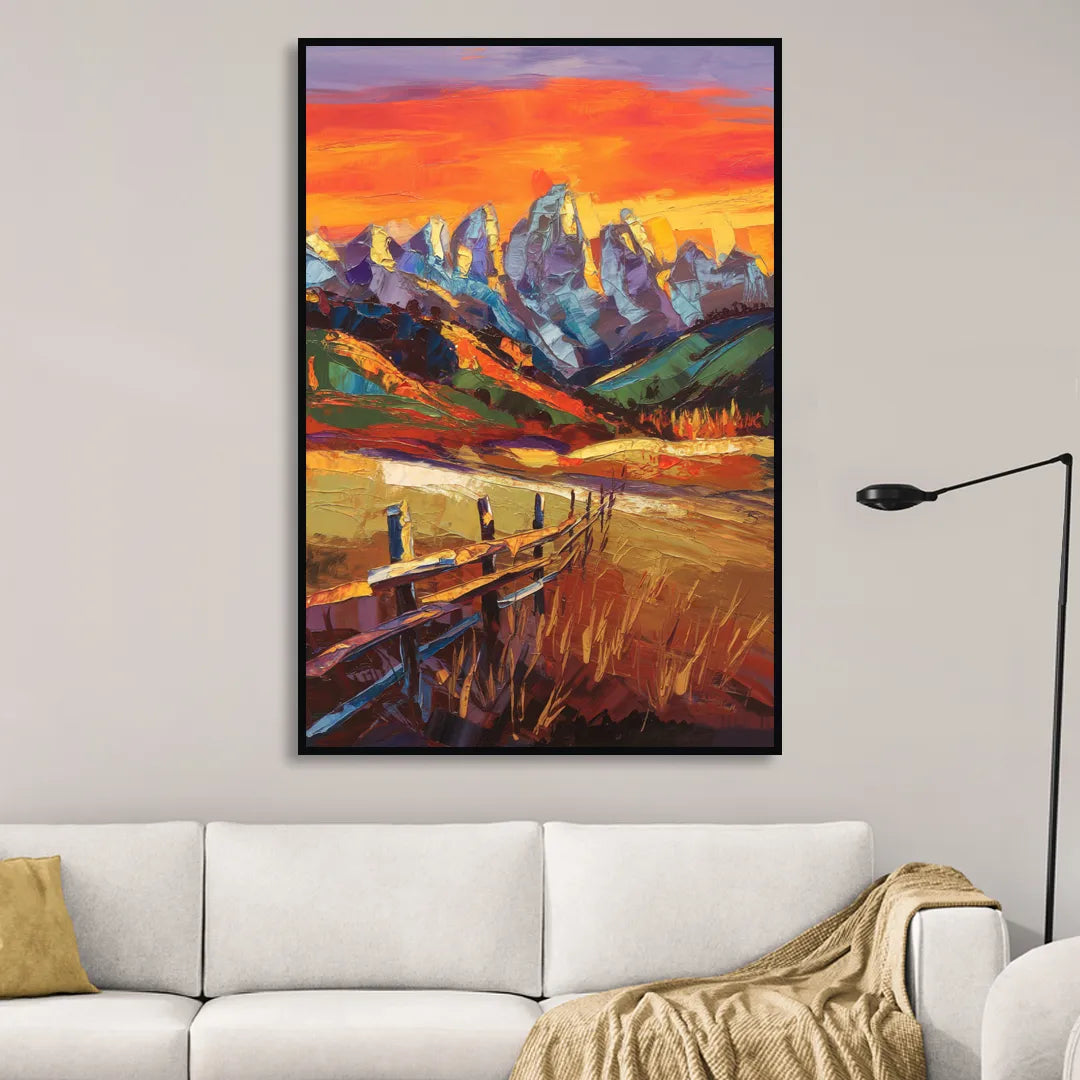 Jackson Hole Sunset Glow Living Room - Black Canvas Wall Art