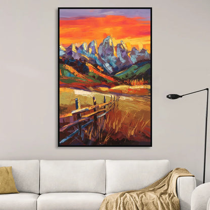 Jackson Hole Sunset Glow Living Room - Black Canvas Wall Art