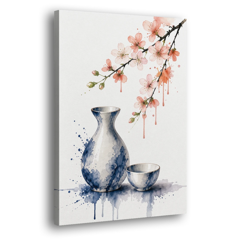 Japanese Bar Decor with Sake and Cherry Blossom - Canvas Wall Art - Side