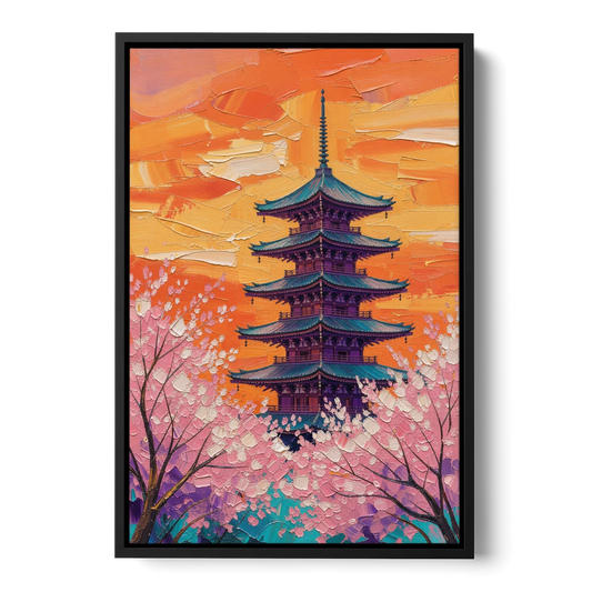 Japanese Cherry Blossom Painting with Pagoda at Sunset - Black Framed Canvas Wall Art - Front
