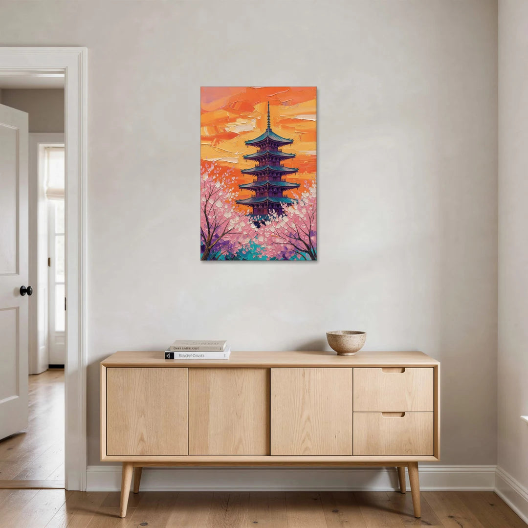 Japanese Cherry Blossom Painting with Pagoda at Sunset - Canvas Wall Art - Coffee Table - 24x36